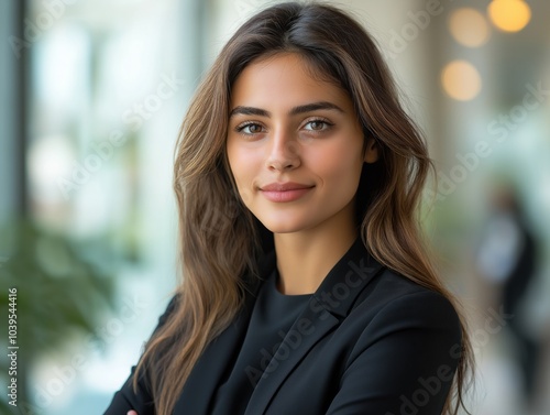 Confident businesswoman from Syria smiling with arms crossed in office