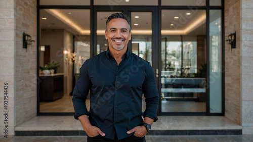 Latin med spa owner smiling at the camera in front of the clinic with blue shirt