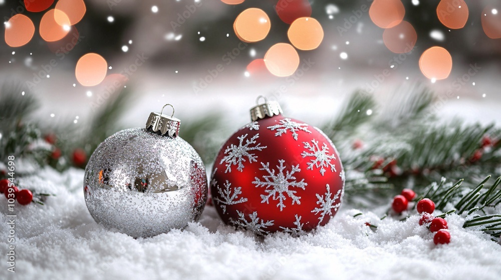 Festive holiday ornaments in red and silver on a snowy surface, surrounded by pine branches and soft falling snowflakes, enhancing the season's spirit. Festive holiday ornaments in red and silver on a snowy surface, surrounded by pine branches and soft falling snowflakes, enhancing the season's spirit.