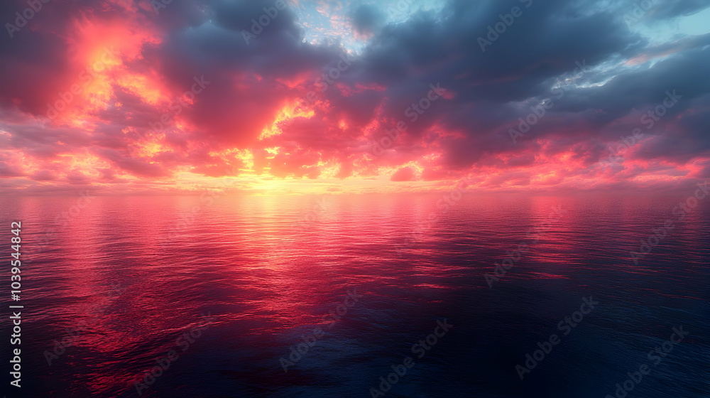 Fototapeta premium Pink and Blue Sunset Over Water - Illustration