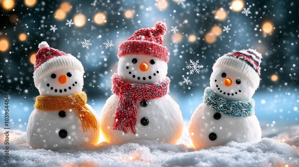 Fototapeta premium Cute snowman Christmas background with snowflake with copy space