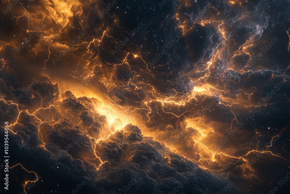 An enchanting scene where golden clouds are illuminated by intricate patterns of vibrant lightning, capturing the essence of an electrifying celestial phenomenon. An enchanting scene where golden clouds are illuminated by intricate patterns of vibrant lightning, capturing the essence of an electrifying celestial phenomenon.