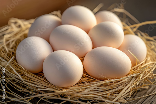 Close-up eggs in a straw nest on a wooden table