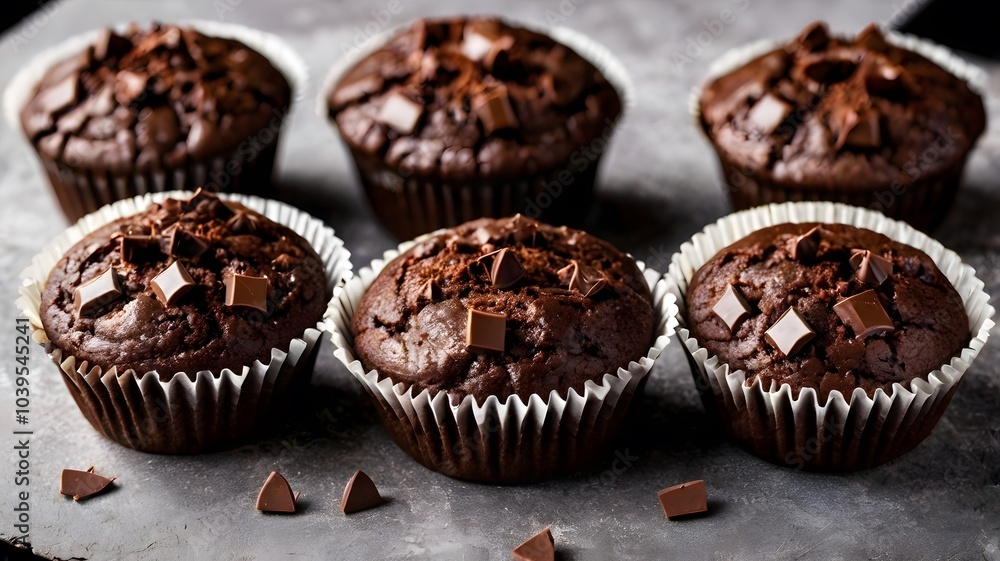 Freshly baked creamy chocolate cupcakes muffins topped with chunks of dark choco chips. brown tasty sweet dessert cake treat closeup Freshly baked creamy chocolate cupcakes muffins topped with chunks of dark choco chips. brown tasty sweet dessert cake treat closeup