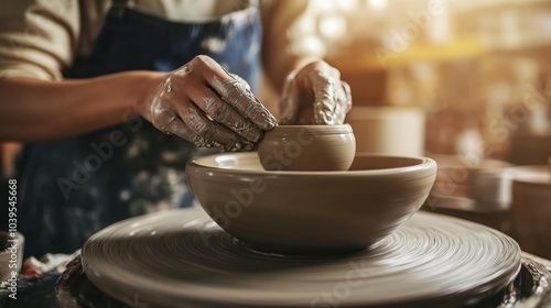 A serene pottery studio with traditional pottery wheels, Clay creations in progress, Artistic studio style photo