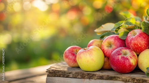A close-up of freshly harvested, vibrant red and yellow apples arranged on a rustic wooden table outdoors, with a blurred orchard background, evoking the freshness of nature and autumn harvest