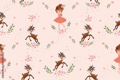 Cute baby deer and lovely girl with flowers, vector illustration, seamless pattern design, artwork for kids prints, wallpapers, fabrics, baby shower cards, t shirt graphics.