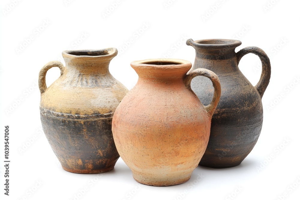 Three Rustic Earthenware Jugs with Handles Three Rustic Earthenware Jugs with Handles