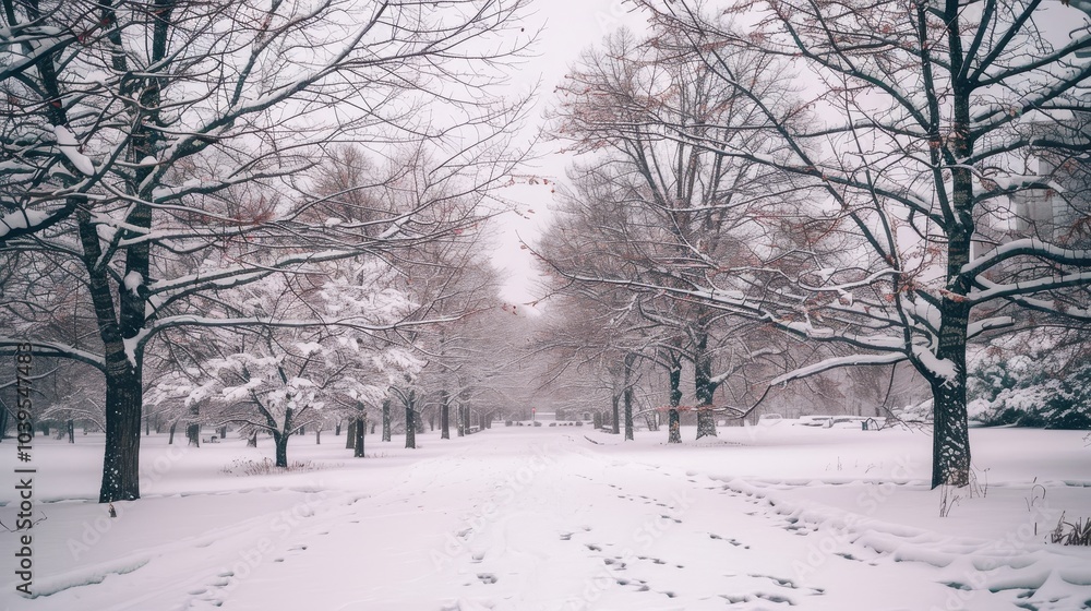 Fototapeta premium Tranquil Winter Scene in a Snowy Park