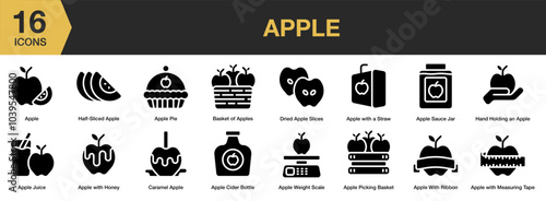 Apple solid icon set. Includes apple juice, cider bottle, sliced, basket, caramel, and More. Solid icons vector collection.