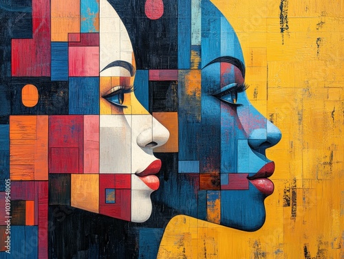 A vibrant street art mural showcasing two artistic faces in contrasting colors and geometric patterns, celebrating diversity and creativity.