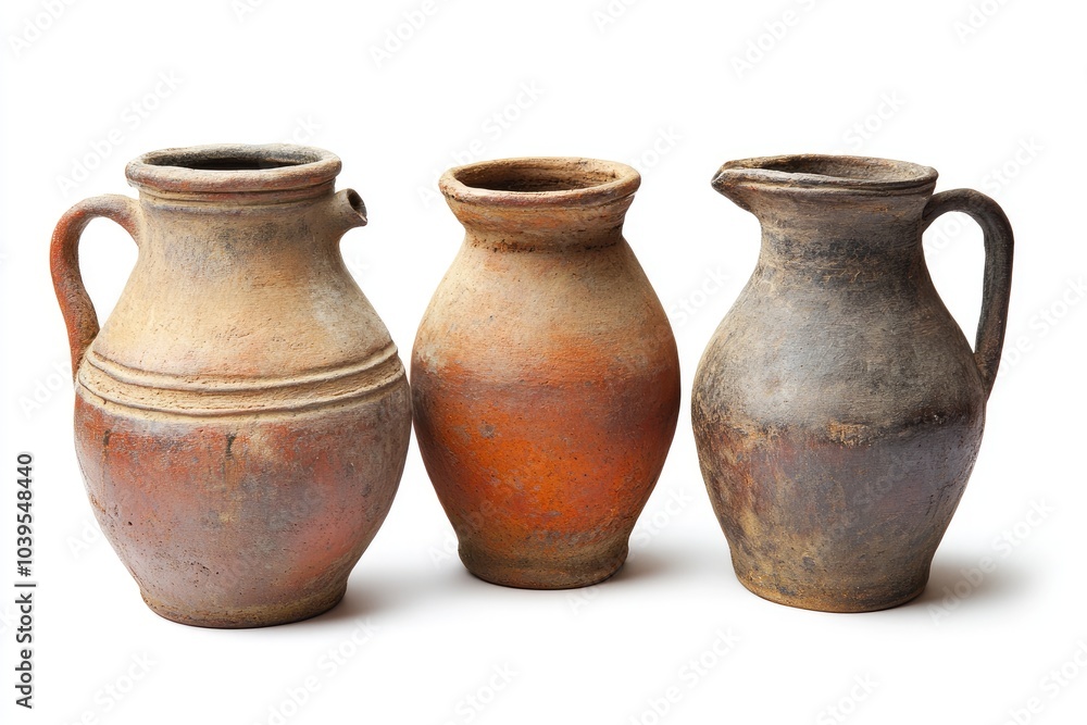 Three Rustic Clay Jugs with Handles, Isolated on White Background Three Rustic Clay Jugs with Handles, Isolated on White Background