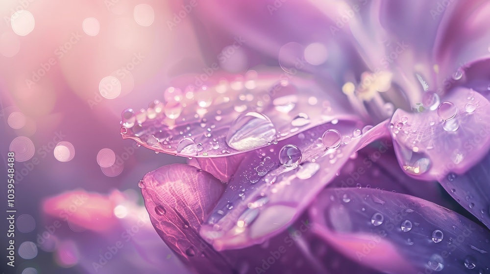 Fototapeta premium Raindrops on Spring Flower Petals in Soft Light