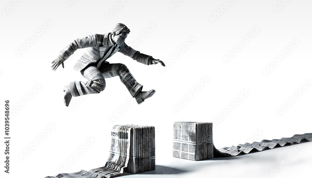 businessman leaps over stacks of wall made from newspaper origami. businessman leaps over stacks of wall made from newspaper origami.