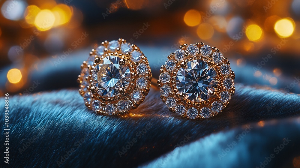 Diamondstudded earrings set elegant gold filigree placed on a luxurious display with soft velvet and satin glowing under warm lights Diamondstudded earrings set elegant gold filigree placed on a luxurious display with soft velvet and satin glowing under warm lights