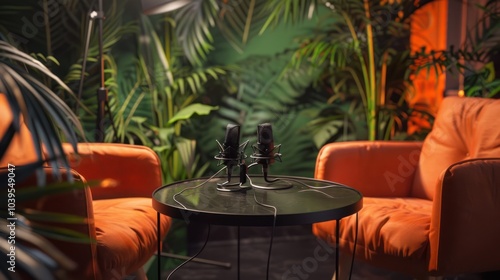 Podcast Studio Setup with Two Microphones and Two Orange Armchairs
