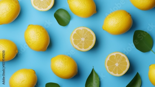 Wallpaper Mural Lemons with Geometric Patterns on Blue Background Torontodigital.ca