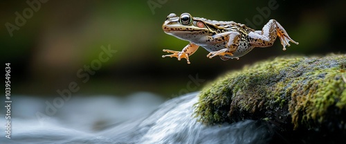 A green frog leaps from a mossy rock over a flowing stream, its body extended in mid-air. photo