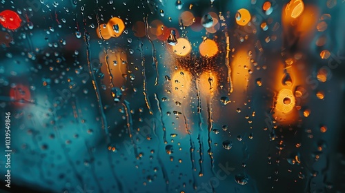 Raindrops on Car Window with City Lights Background