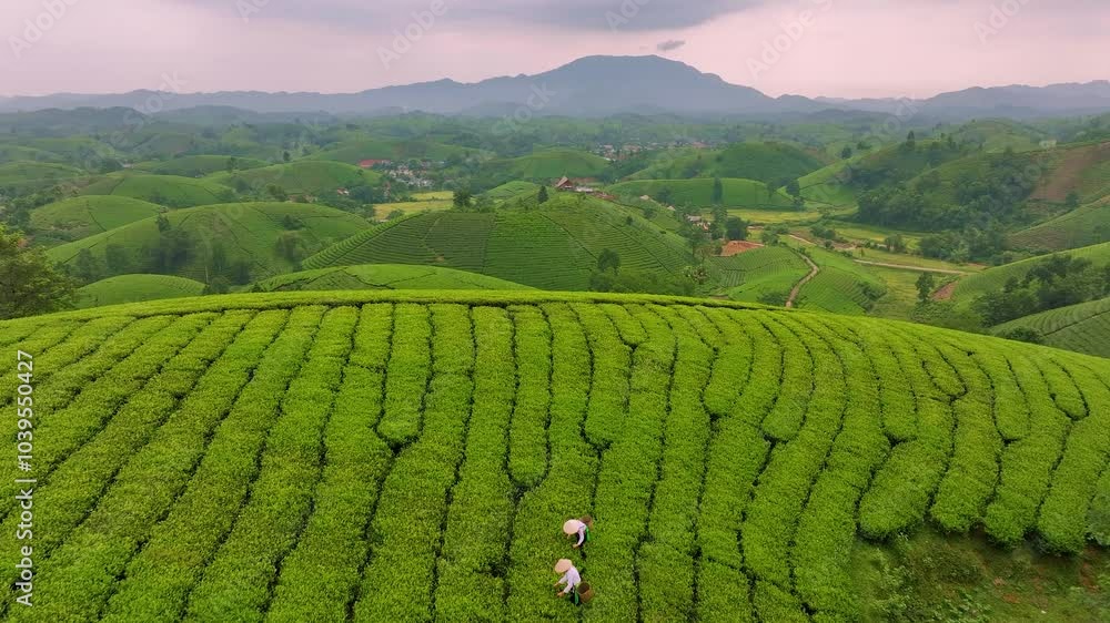 An ethnic Muong woman harvesting green tea on Long Coc tea hill, Phu Tho province, Vietnam An ethnic Muong woman harvesting green tea on Long Coc tea hill, Phu Tho province, Vietnam