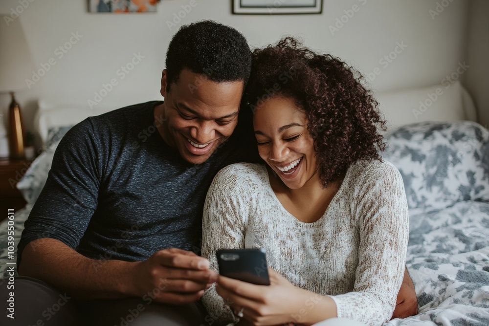 A joyful couple laughing together as they look at a smartphone, sharing a lighthearted moment in a cozy bedroom setting, fostering love and connection. A joyful couple laughing together as they look at a smartphone, sharing a lighthearted moment in a cozy bedroom setting, fostering love and connection.
