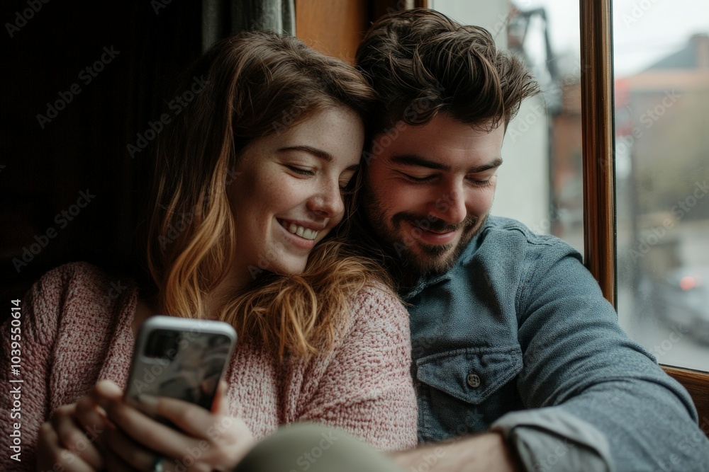 This image showcases a serene couple leaning against each other by the window, evoking warmth and affection while using a phone in a cozy living space. This image showcases a serene couple leaning against each other by the window, evoking warmth and affection while using a phone in a cozy living space.