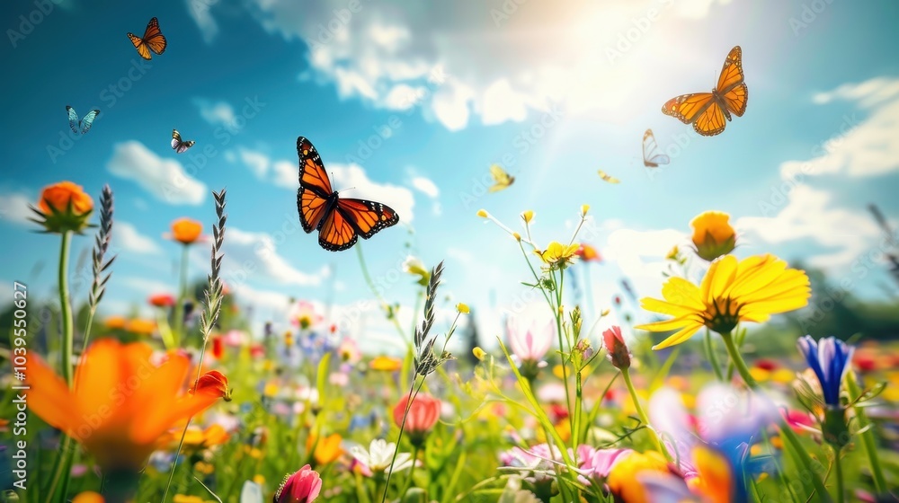 Vibrant Field of Wildflowers in Full Bloom Under Blue Sky Vibrant Field of Wildflowers in Full Bloom Under Blue Sky
