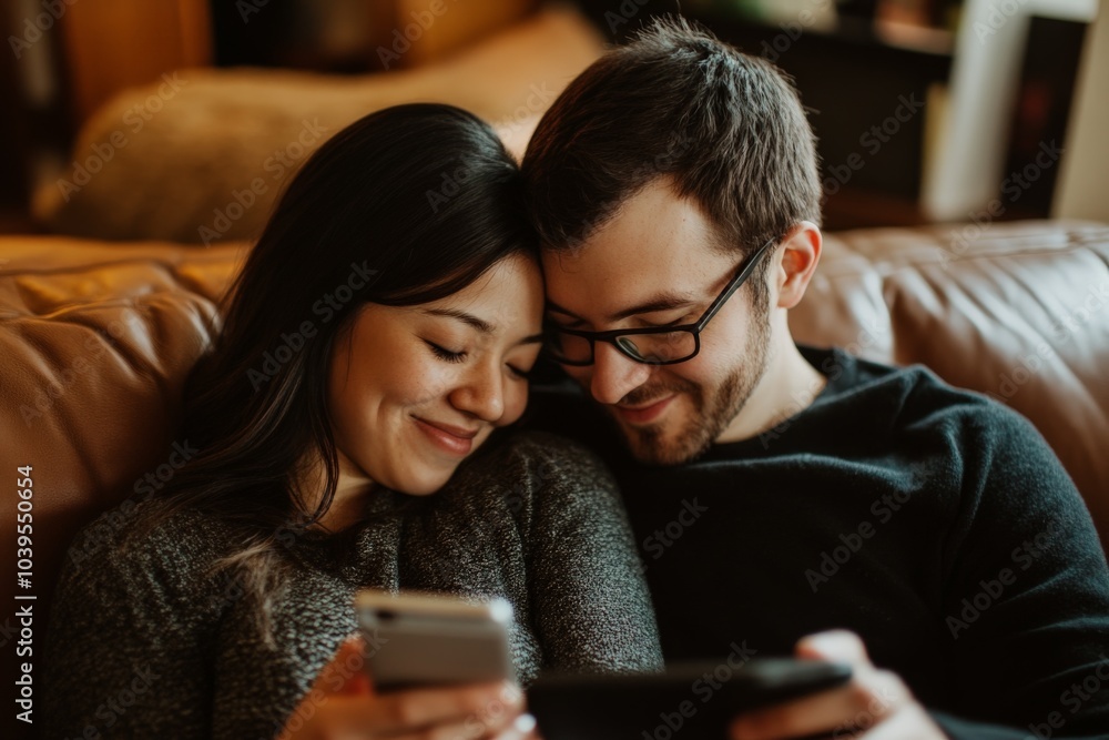 A relaxed couple cuddles on a couch, each using their own device, enjoying tranquility and comfortable companionship, with soft lighting in a modern living area. A relaxed couple cuddles on a couch, each using their own device, enjoying tranquility and comfortable companionship, with soft lighting in a modern living area.
