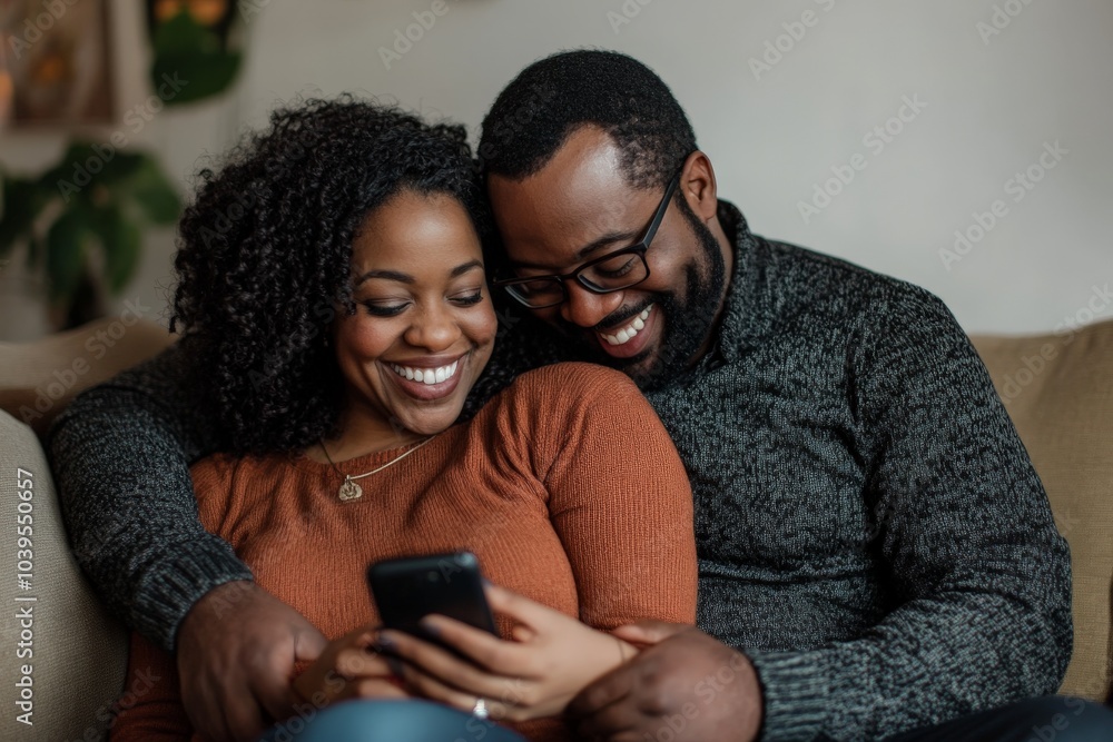 © ChaoticMind - A joyful couple sits together, sharing a hearty laugh while looking at a phone, showcasing love and happiness in a comfortable home environment with soft decor. © ChaoticMind - A joyful couple sits together, sharing a hearty laugh while looking at a phone, showcasing love and happiness in a comfortable home environment with soft decor.