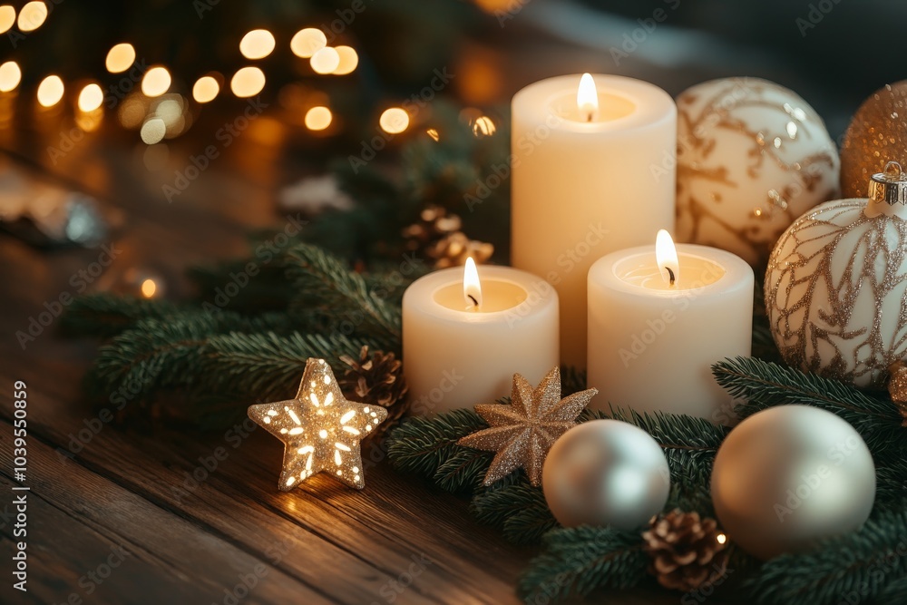 This image showcases glowing candles surrounded by festive ornaments, pine branches, and decorative lights, embodying a warm and cozy holiday ambiance. This image showcases glowing candles surrounded by festive ornaments, pine branches, and decorative lights, embodying a warm and cozy holiday ambiance.