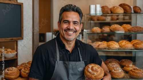 Latin bakery owner smiling at the camera inside of the bakery, with bread racks on the back. 