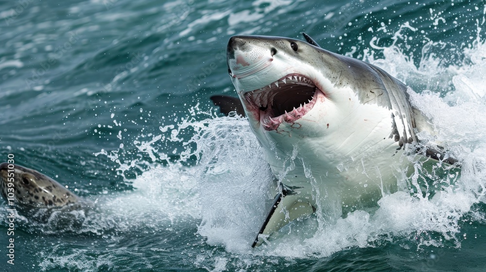 Fototapeta premium Great White Shark Breaching the Ocean Surface