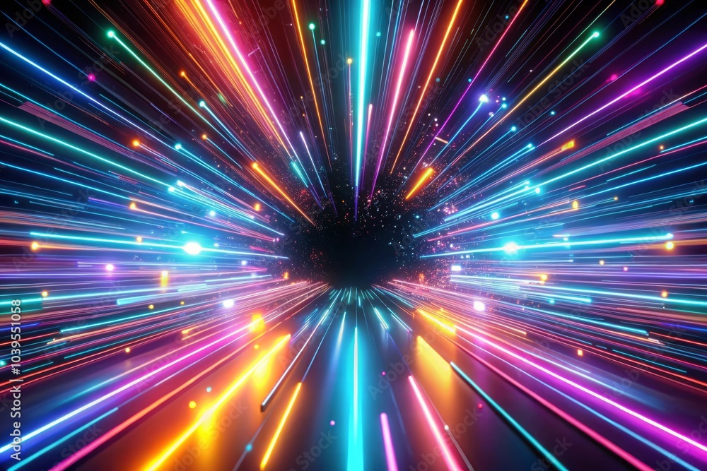 Obraz premium Neon futuristic flashes on black background. Motion light lines backdrop. For banner, postcard, illustration. Created with tools