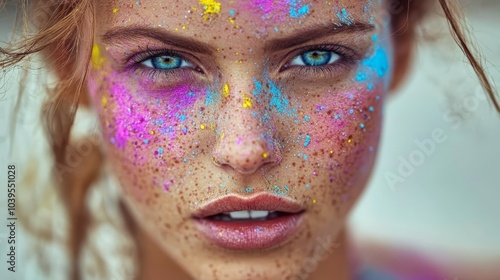  A woman's face, closely framed, adorned with multihued powders Hair billows in the wind photo