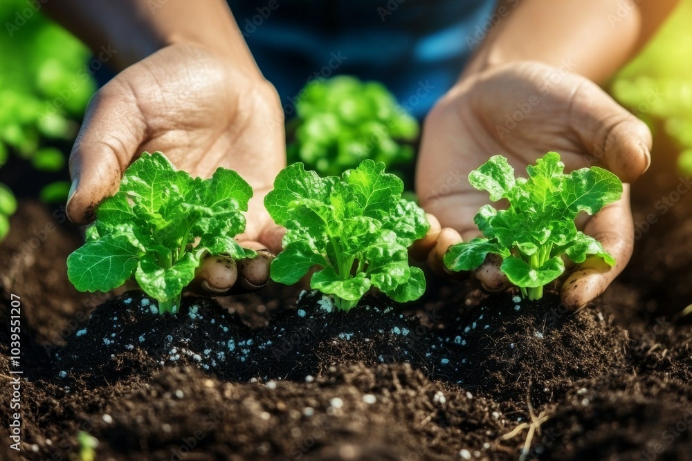 Hands planting young lettuce in rich soil representing sustainable agriculture organic farming and homegrown food production ideal for eco conscious gardening projects Hands planting young lettuce in rich soil representing sustainable agriculture organic farming and homegrown food production ideal for eco conscious gardening projects