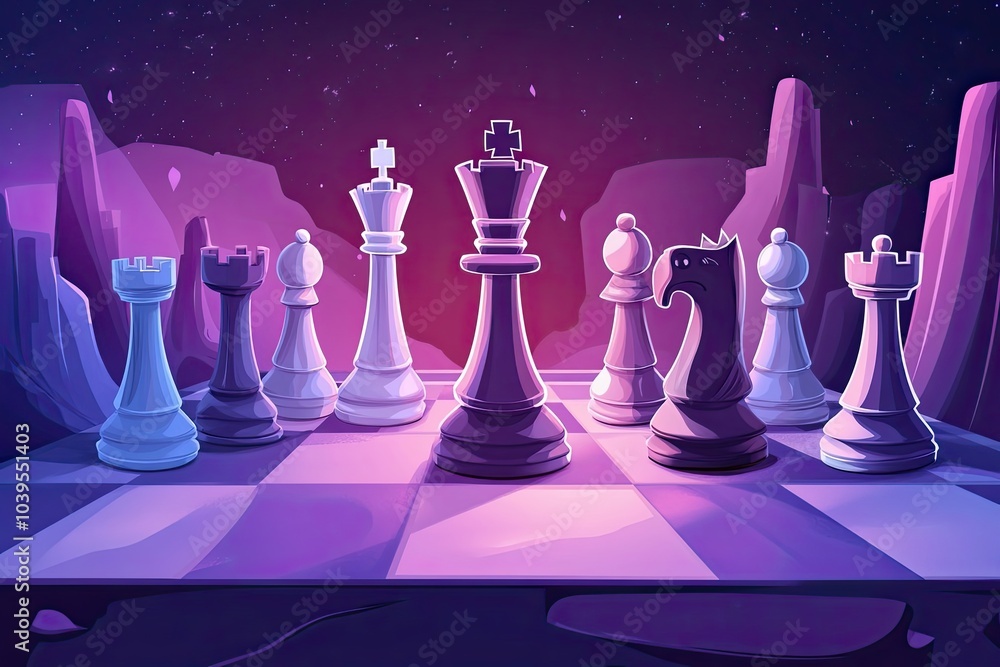A Chessboard Under a Starry Night Sky with Purple and White Pieces A Chessboard Under a Starry Night Sky with Purple and White Pieces