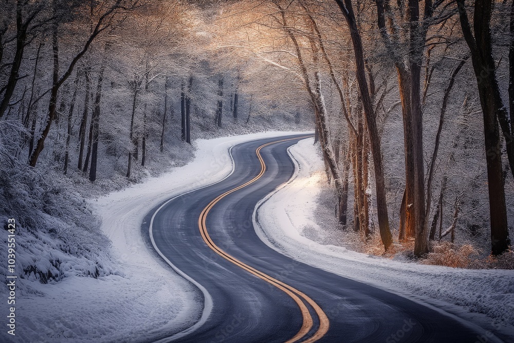 A winding road flanked by snow-covered trees, capturing the essence of winter with a serene and tranquil atmosphere in a forested setting under soft light. A winding road flanked by snow-covered trees, capturing the essence of winter with a serene and tranquil atmosphere in a forested setting under soft light.