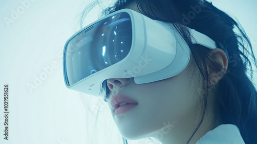 Young woman wearing white virtual reality headset. Experiencing a tranquil virtual environment. Advanced technology in real life.