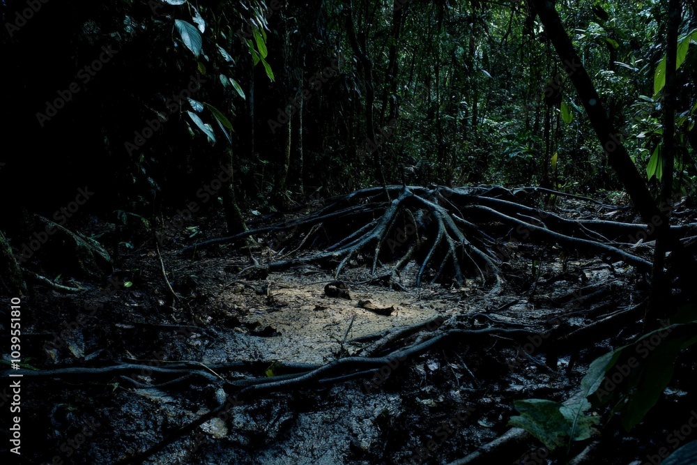 A wild jungle floor featuring dramatically exposed tree roots, emphasizing the untamed beauty and raw texture of the natural environment. A wild jungle floor featuring dramatically exposed tree roots, emphasizing the untamed beauty and raw texture of the natural environment.