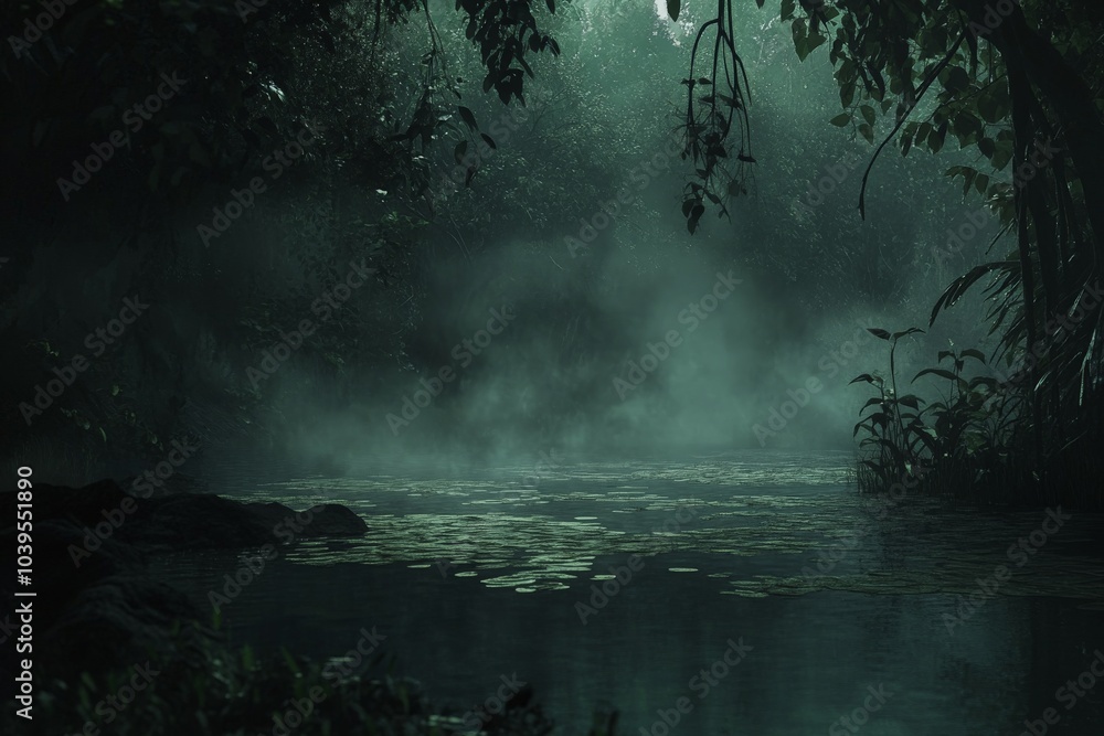 Fototapeta premium A serene jungle river emerges through thick mist, surrounded by dense, lush green foliage, creating a peaceful and captivating wilderness scene.