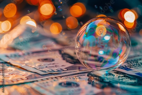 Soap bubble bursting amidst flying dollars  symbolizing economic default and global financial crisis photo