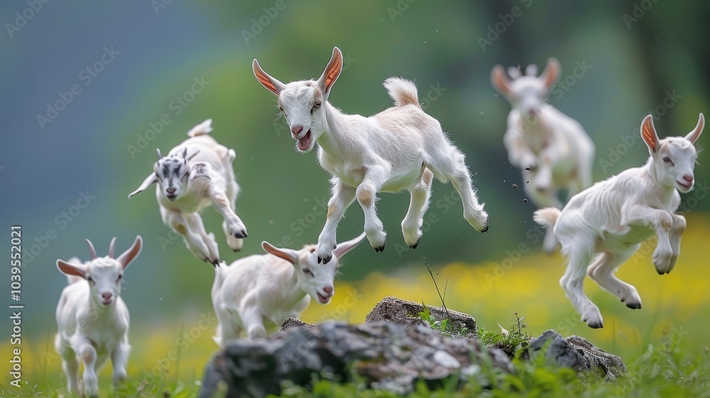 Playful Baby Goats Jumping in a Lush Green Field Playful Baby Goats Jumping in a Lush Green Field