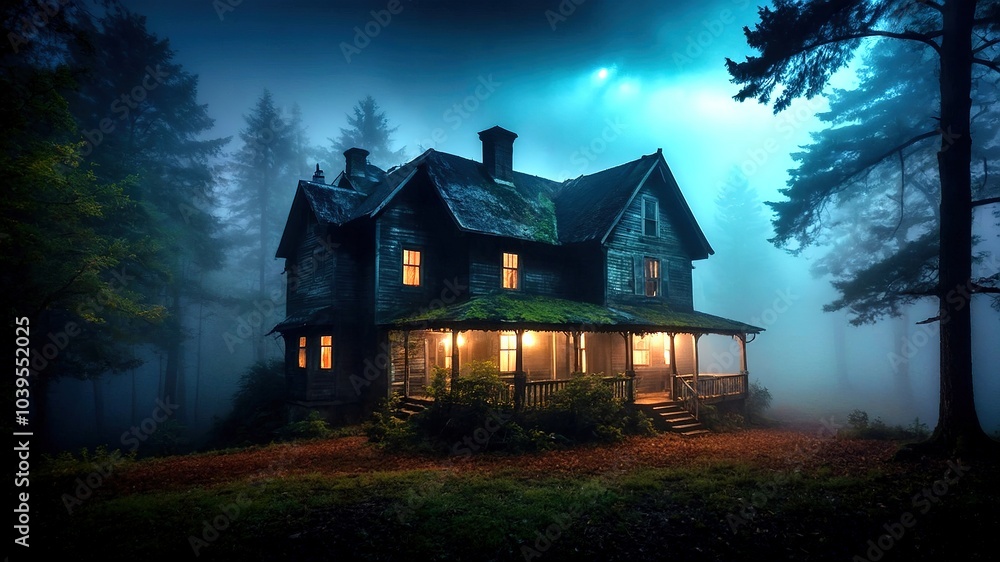 Eerie Fog-Shrouded House in the Woods Night Photography Eerie Fog-Shrouded House in the Woods Night Photography