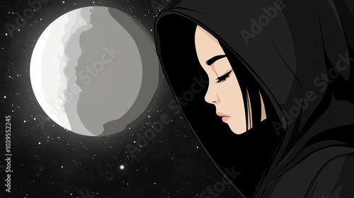  A woman gazes at a half moon against a backdrop of twinkling stars in the night sky, clad in a black hoodie photo