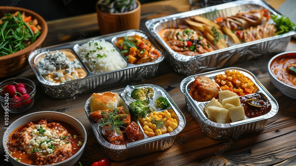 Tin foil lunch boxes on the table, containing various dishes, photography pictures Tin foil lunch boxes on the table, containing various dishes, photography pictures