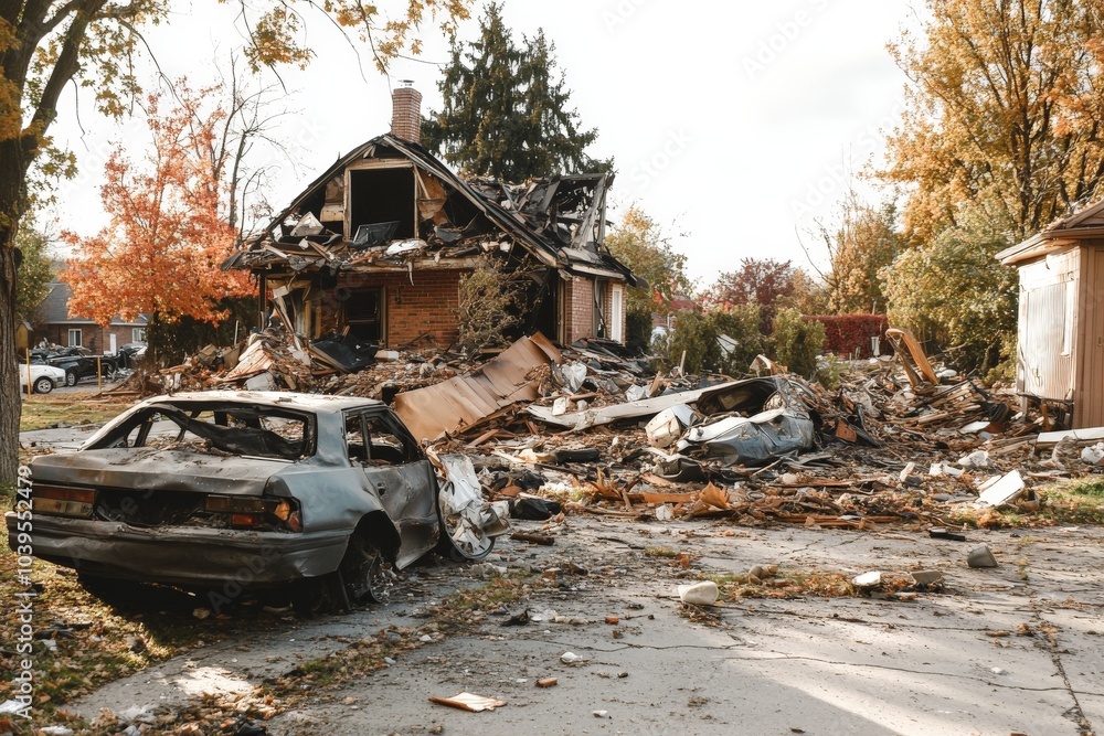 A collapsed house with a wrecked car in an autumn backdrop illustrates destruction and decay, suggesting themes of impermanence and poignant reflection. A collapsed house with a wrecked car in an autumn backdrop illustrates destruction and decay, suggesting themes of impermanence and poignant reflection.