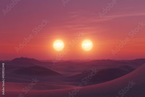 In this mesmerizing composition, two suns illuminate an expansive desert landscape, casting colorful shades across the twilight sky, evoking wonder and adventure.