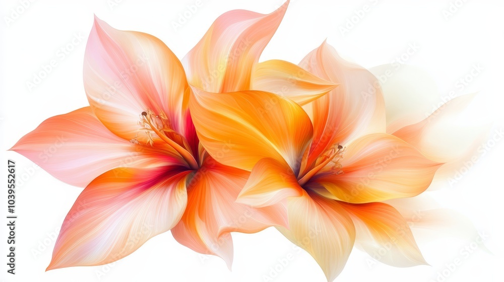 Fototapeta premium Close-up of two orange and white flowers against a white backdrop, with petal reflections mirrored in their surfaces