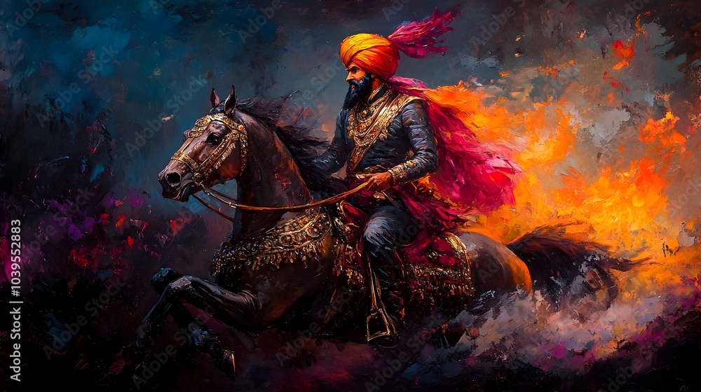 Naklejka premium Dramatic Depiction of a Sikh Warrior Atop a Steed,Adorned in Vibrant Turban and Ornate Sabre.