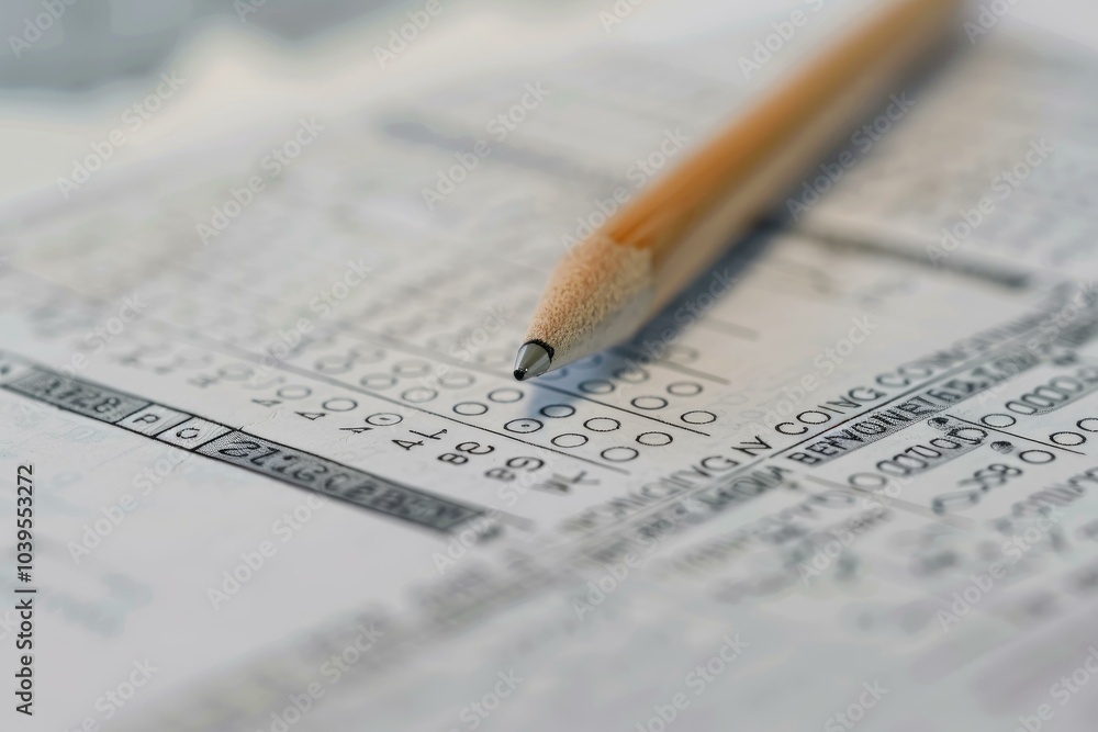 Macro image of a pencil point hovering over multiple choice answers on an exam paper Macro image of a pencil point hovering over multiple choice answers on an exam paper